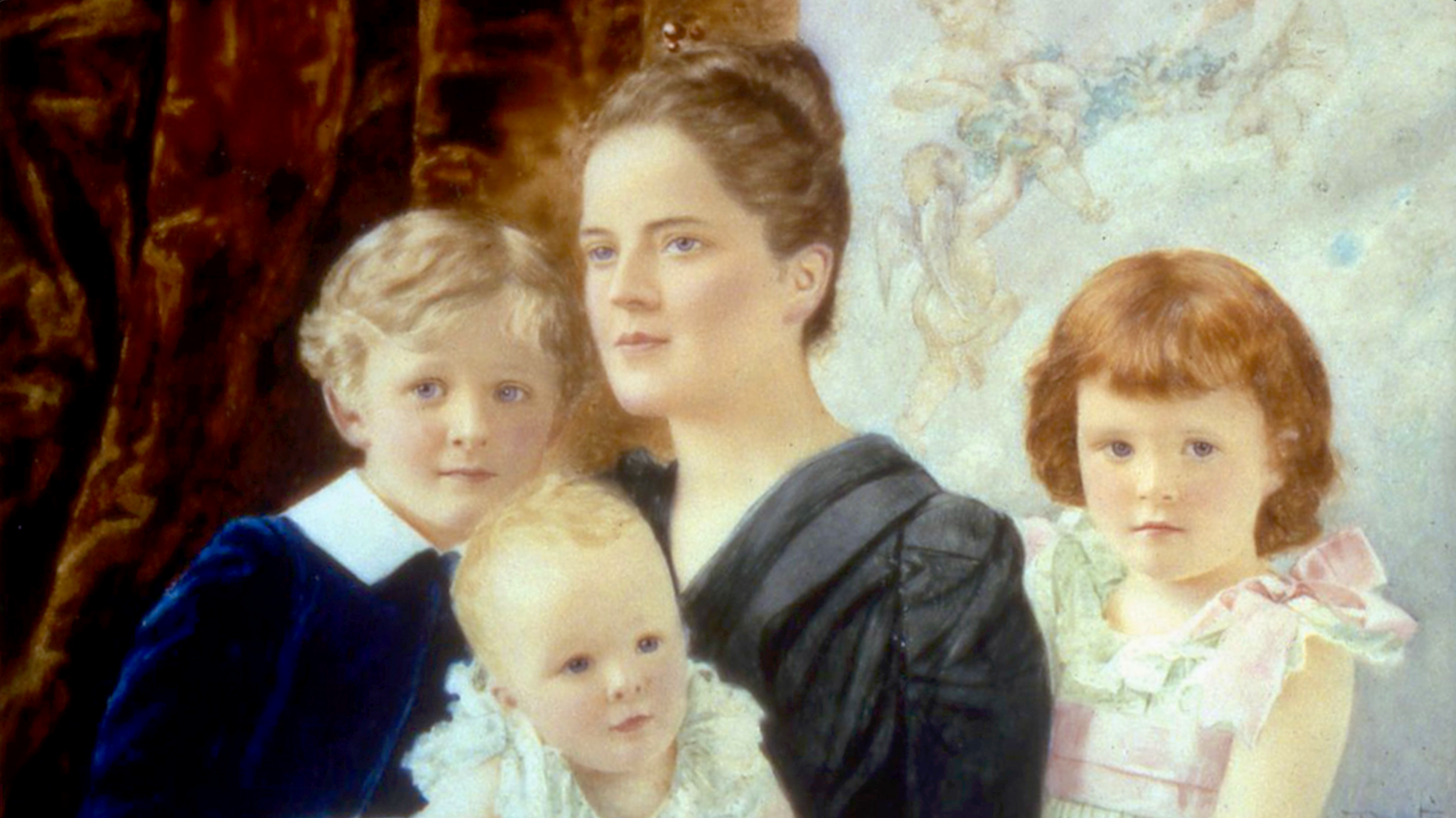 A painting of the Frick Family in a classical setting