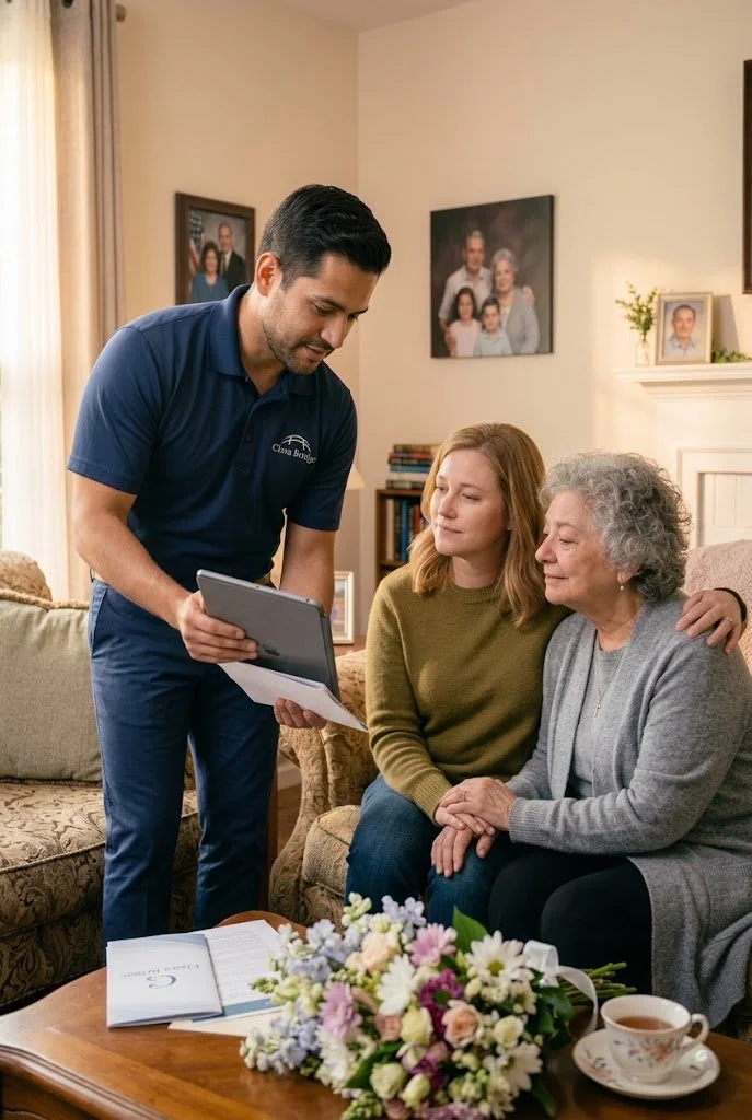A young man in a blue polo shirt showing a tablet to two women, an elderly woman and a middle-aged woman, sitting on a beige couch in a cozy living room with family photos on the wall.
