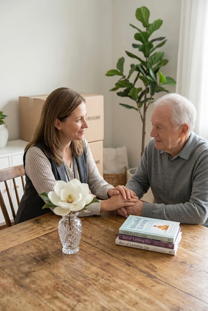 A woman and an elderly man sitting at a wooden table, holding hands and smiling at each other. The table has books and a glass vase with a white flower. There are cardboard boxes and a large green plant in the background.