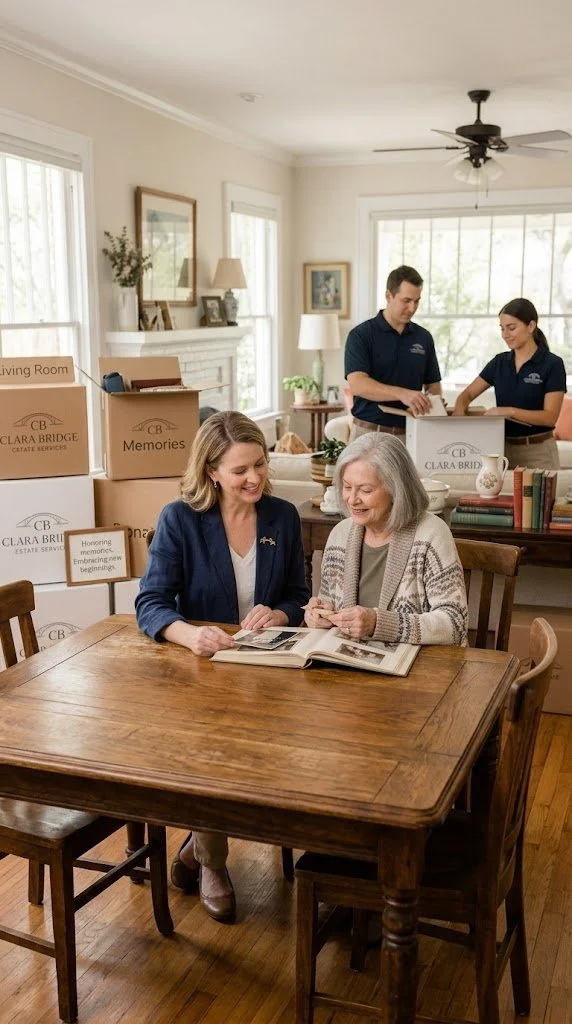 Two women sitting at a wooden table looking at photos and a woman and man in the background packing boxes in a living room.
