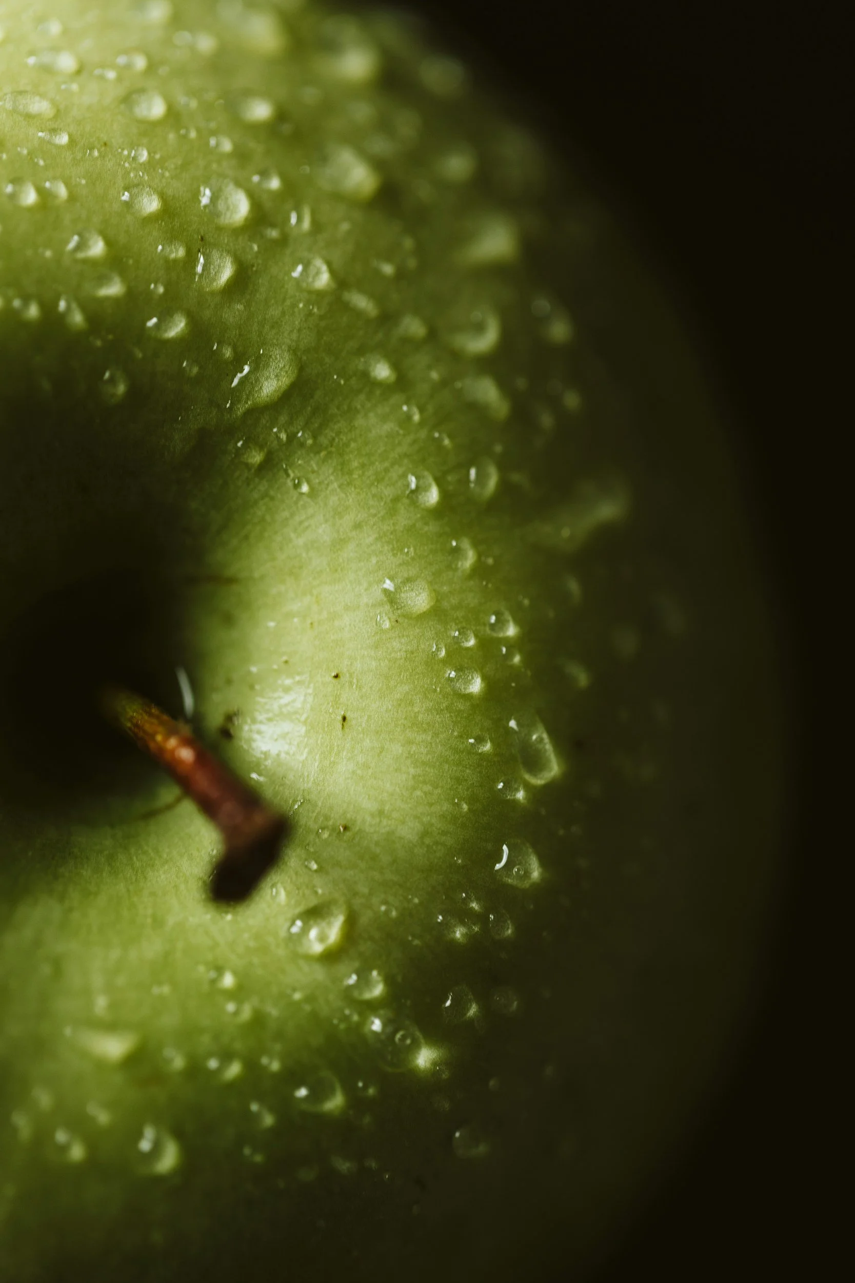 Close-up of green apple with water droplets on its surface.