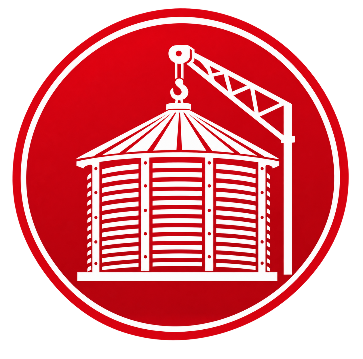 Red circular sign with white outline and icon of a grain silo and crane.