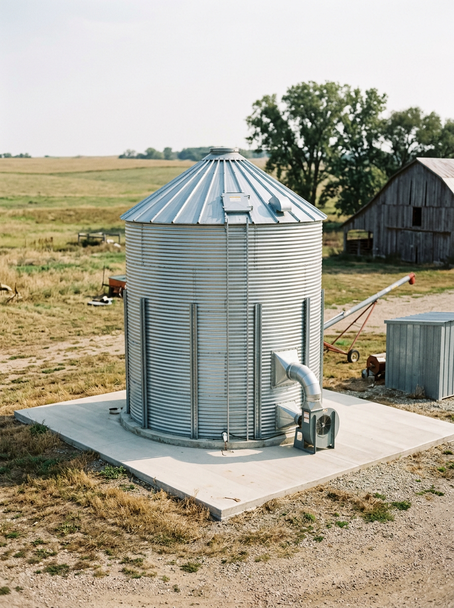 A metal grain silo on a concrete pad in a rural farm setting with a barn and trees in the background.
