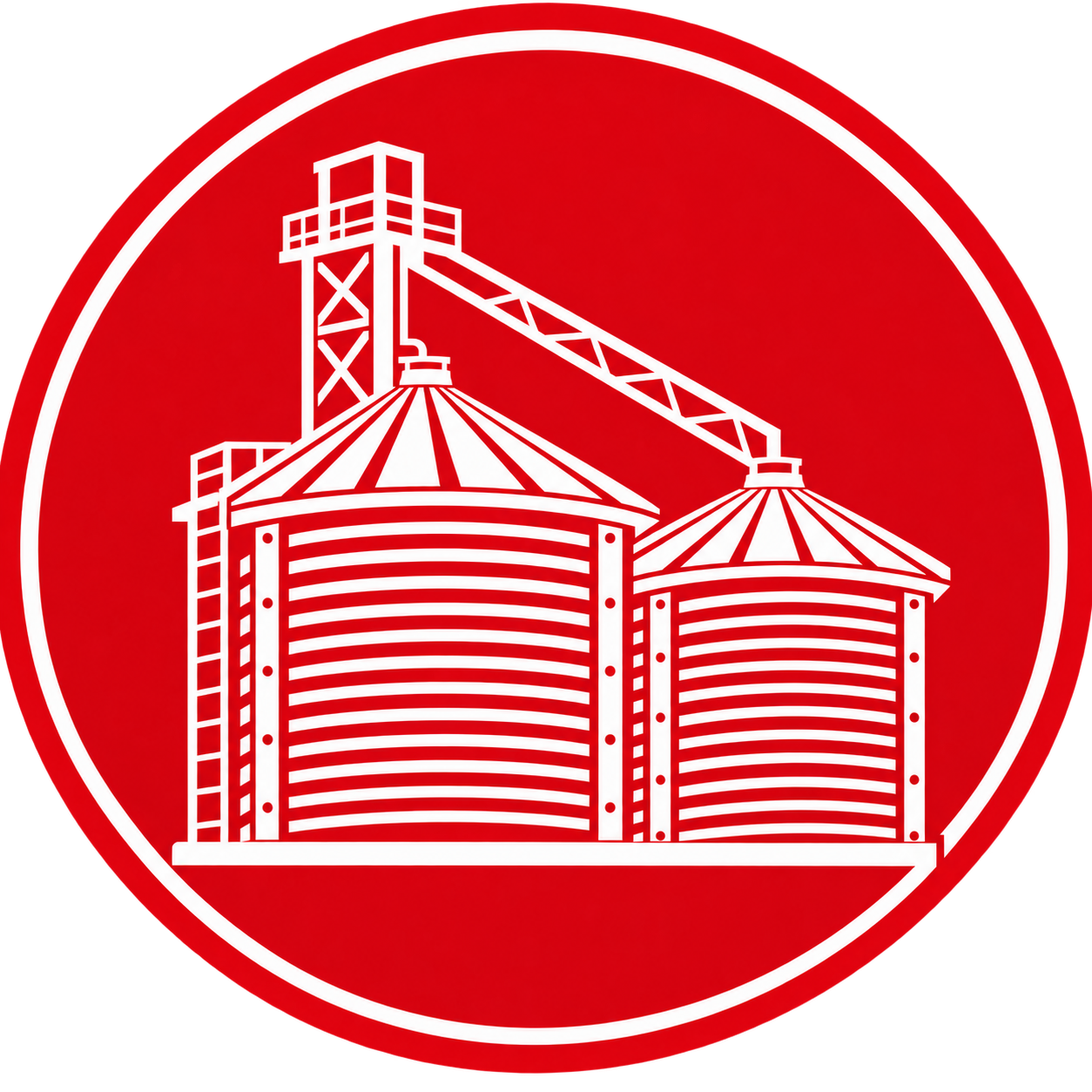 Illustration of grain silos and a grain elevator tower on a red circular background.