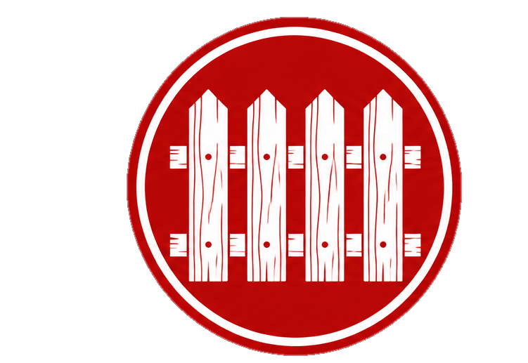 A red circular emblem featuring a white wooden fence with five vertical slats inside.