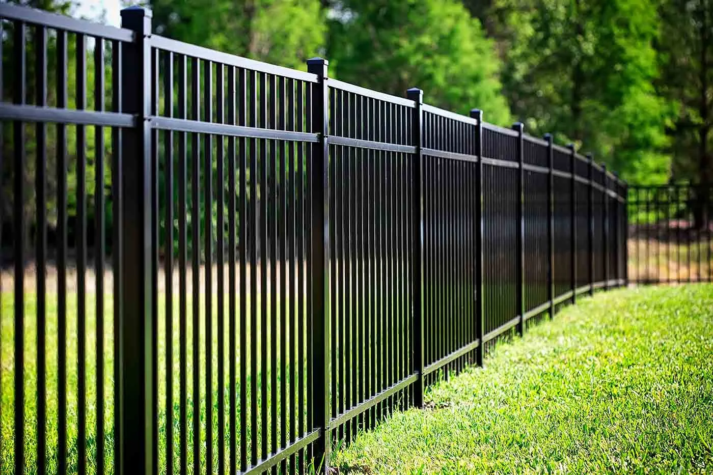 Black metal fence with vertical bars on a grassy yard with green trees in the background.