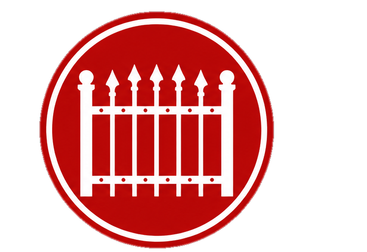 Icon of a white picket fence inside a red circle with a white border.