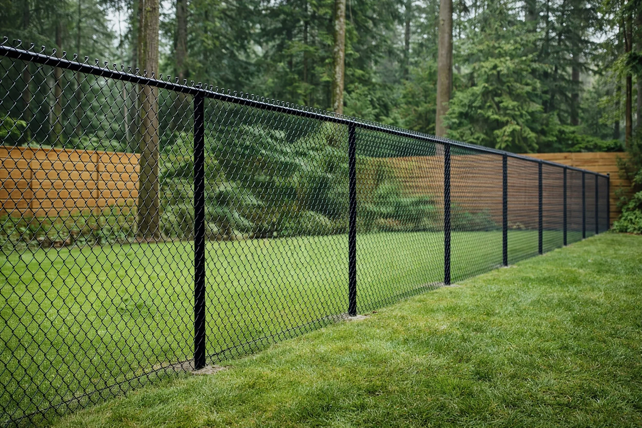 A black chain-link fence runs through a lush green grassy area, backed by a dense forest of tall trees with green foliage.