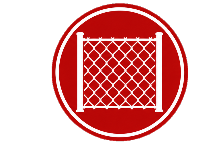 Red circular sign with white border and a white chain link fence graphic in the center.