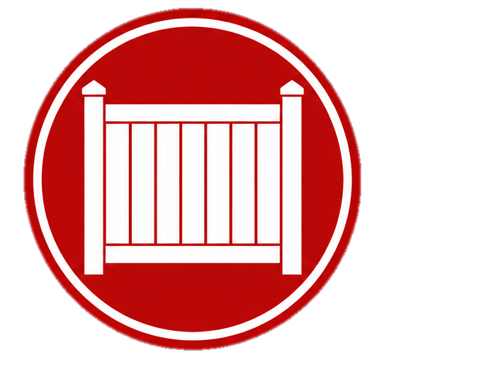 Sign with a red background and a white circle containing a white fence icon.