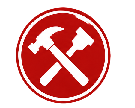 Red circular sign with white crossed hammer and chisel symbols inside.