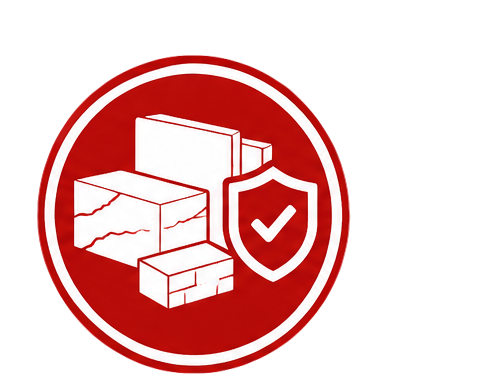 A red circular emblem with a shield and checkmark, featuring bricks and blocks, symbolizing construction or security.