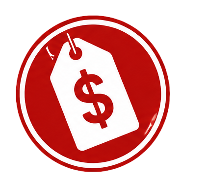 A red circular sign with a white border displaying a white price tag with a dollar sign, indicating price or cost.