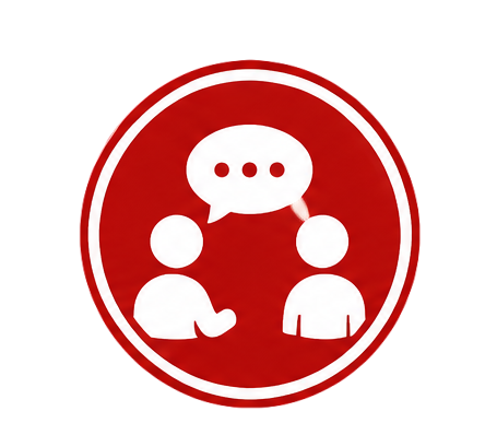 Icon of two people engaged in conversation with speech bubbles above their heads, inside a red circle.