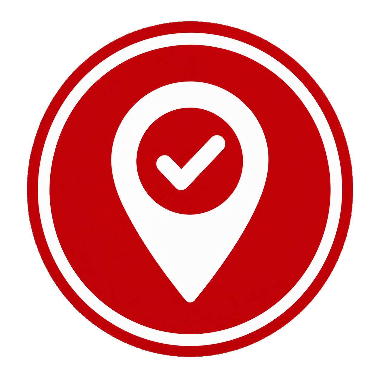 Red circular icon with a white location pin and a check mark inside the pin.