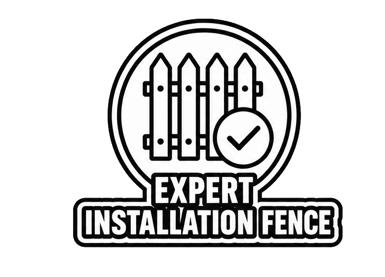 A black and white graphic of a wooden fence with a checkmark, with the words "Expert Installation Fence" below.