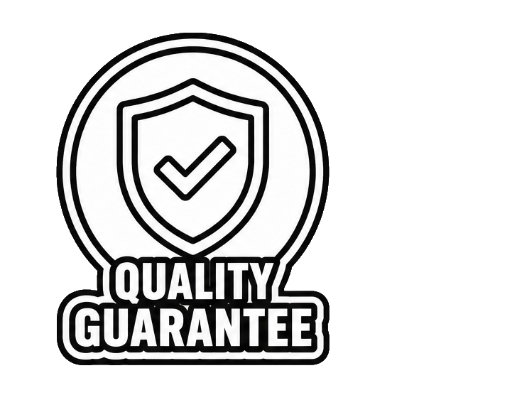 A black and white badge with a shield and checkmark symbol, and the text "Quality Guarantee" at the bottom.