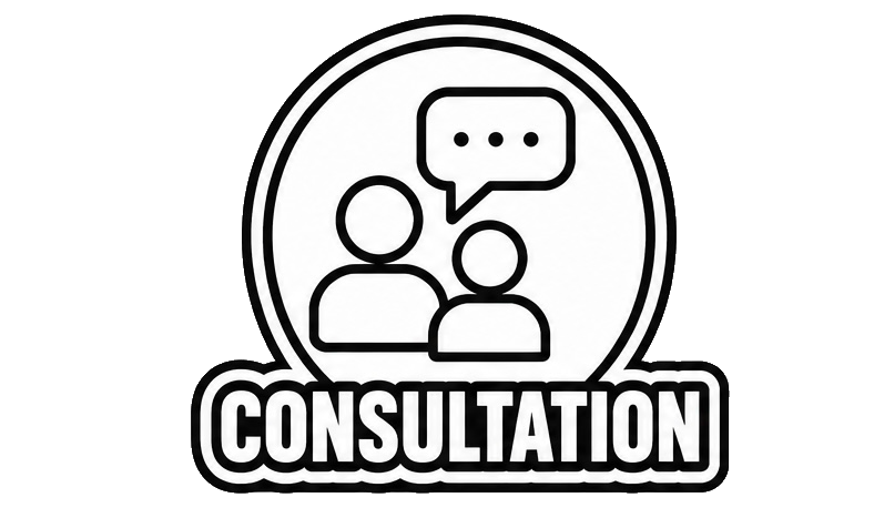 Icon of two people with a speech bubble above them and the word "Consultation" below.