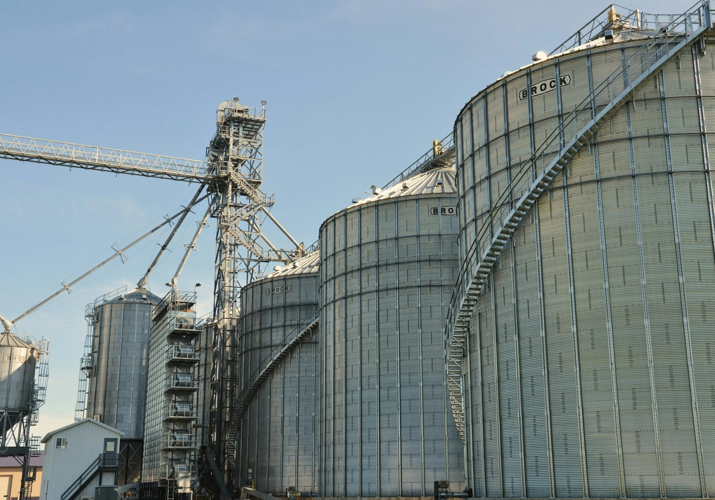 Large grain storage silos with metal stairs and a conveyor system against a clear blue sky.