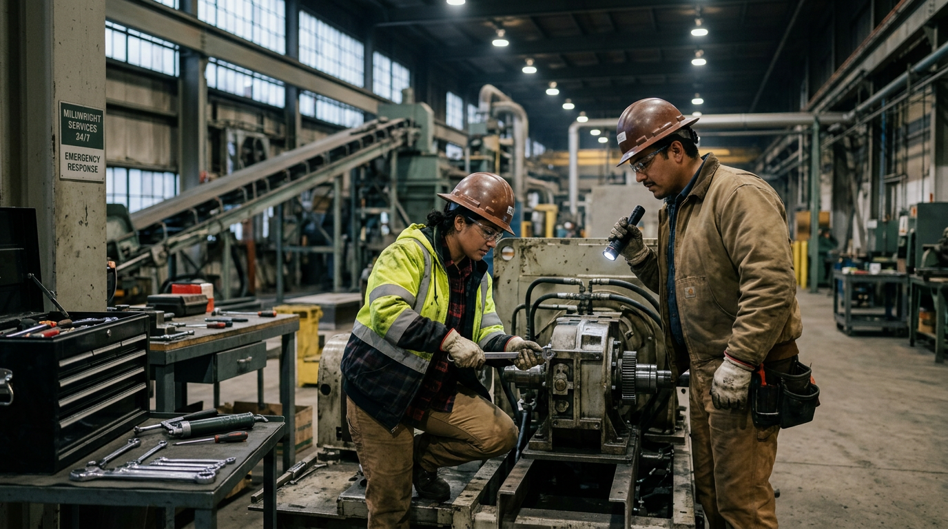 Two workers in safety gear, helmets and gloves, inspecting and working on a machine in an industrial workshop. Tools are laid out on a nearby table.