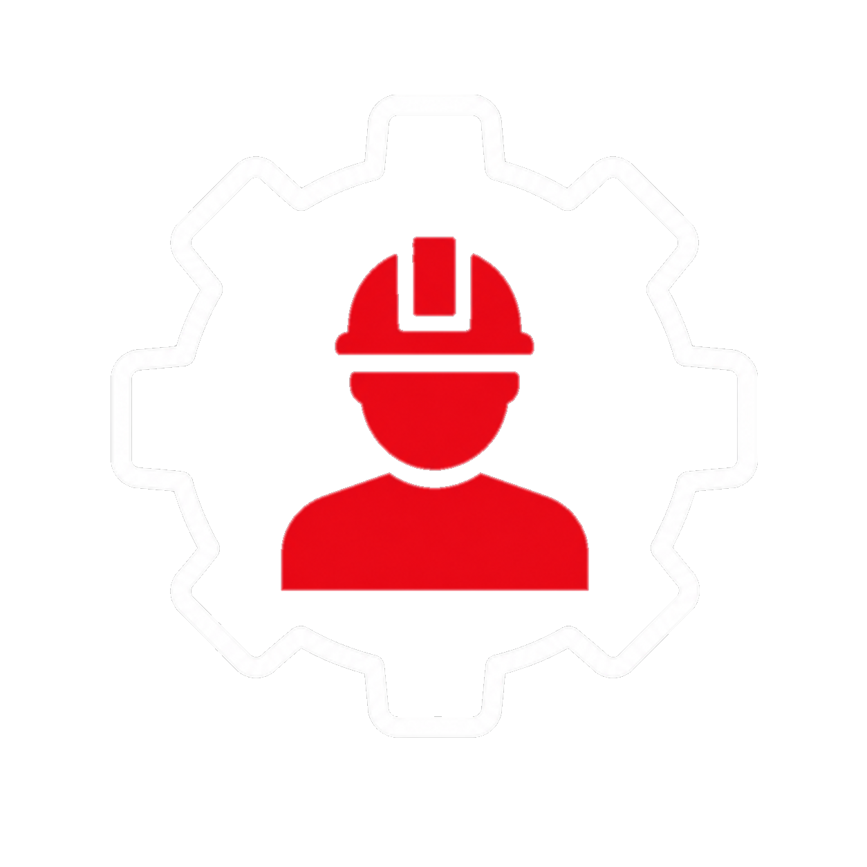 Icon of a person wearing a hard hat inside a gear outline, representing industrial safety or construction worker.
