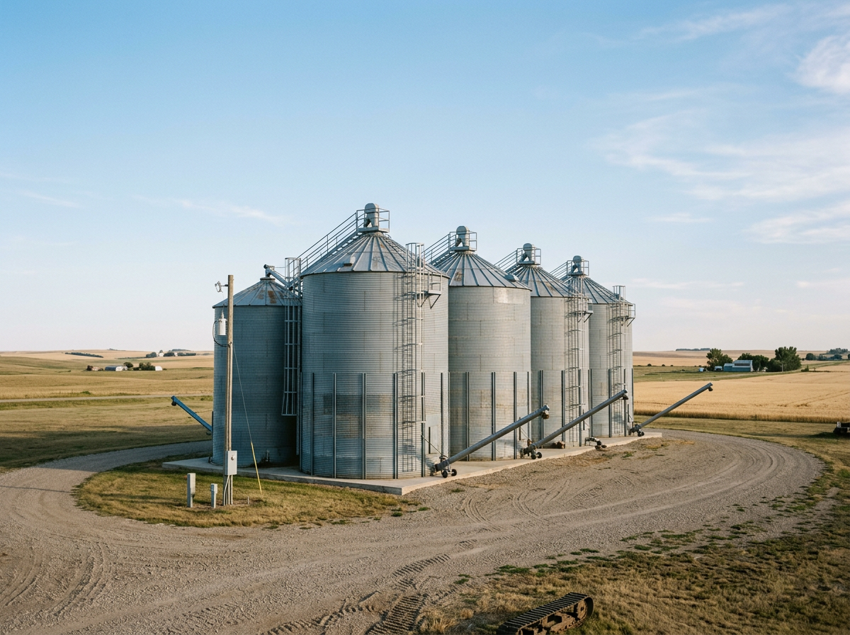 Five large metal grain silos in a rural farmland area under a blue sky.