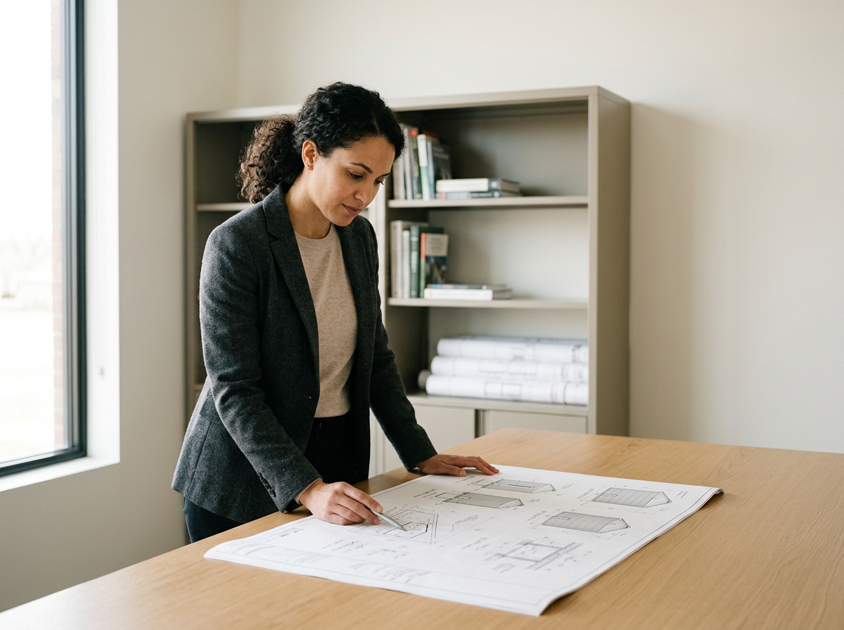 A woman in business attire looking at architectural blueprints on a table in an office.