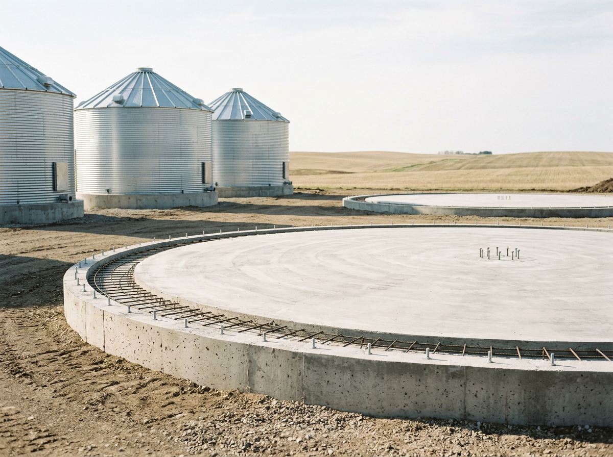 Industrial grain storage silos on a farm with a concrete foundation, situated in a rural landscape with fields and a cloudy sky in the background.