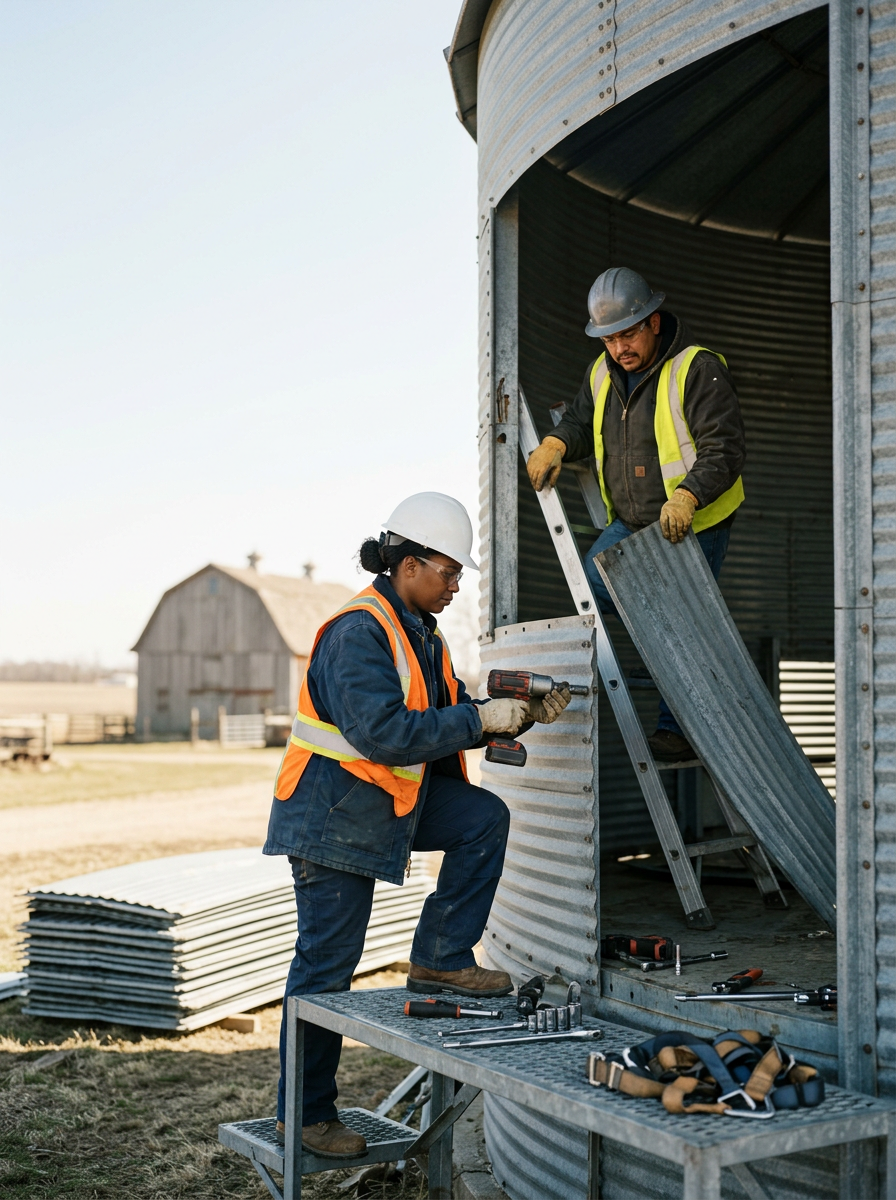 Two construction workers, a woman and a man, assembling or repairing a metal structure on a farm. The woman is using a cordless drill, and both are wearing safety gear including helmets, gloves, and vests. There are tools and metal sheets on a platform and in the background, a barn and open field are visible.