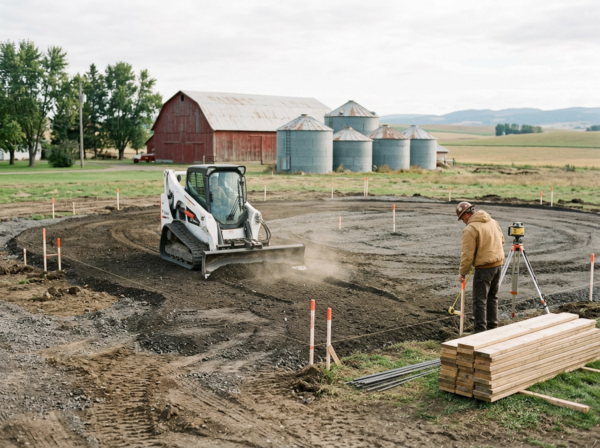 Construction site with a small bulldozer smoothing dirt, a worker using a measuring tape, and wooden planks in the foreground. Barns and silos in the background.