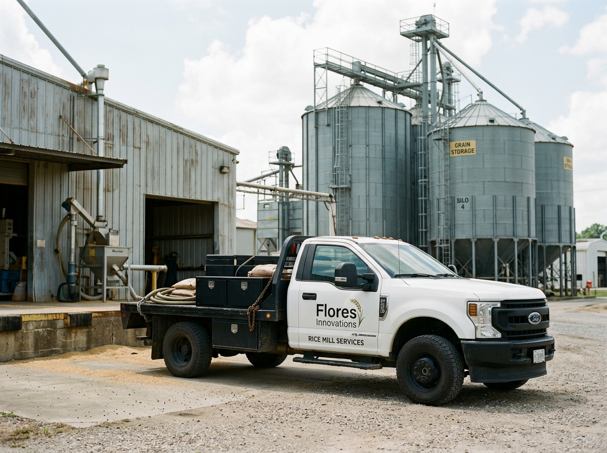 White Ford truck labeled 'Flores Innovations Rice Mill Services' parked outside a grain storage facility with silos and a metal building in the background.