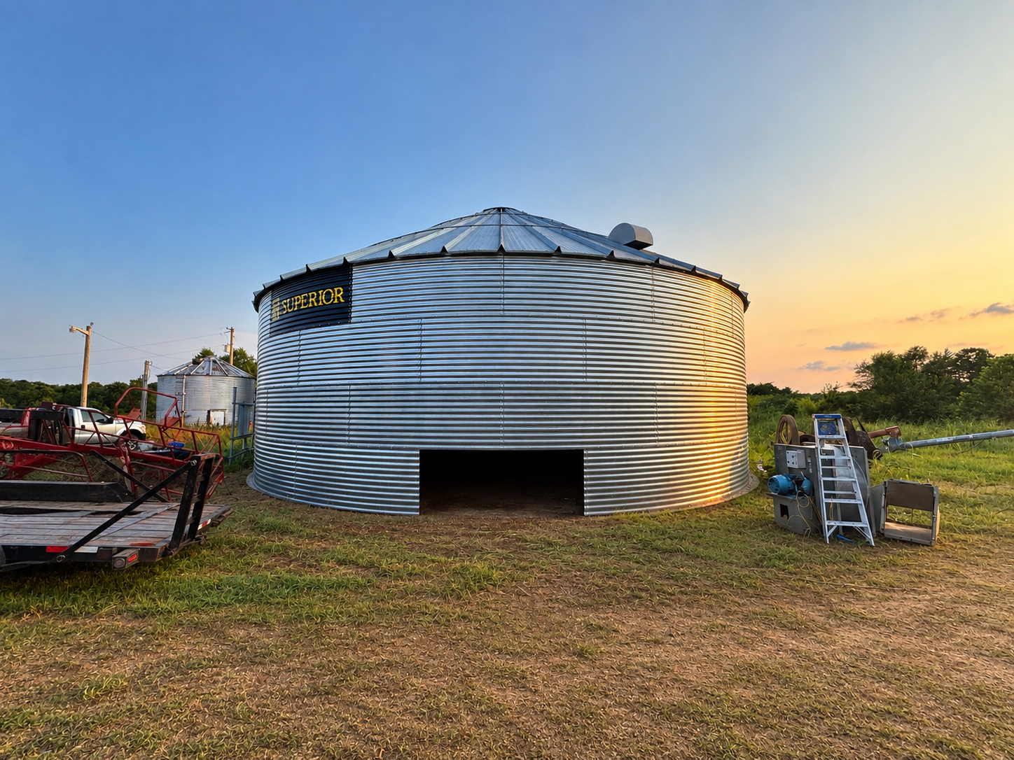 Large circular metal grain silo with a small opening at the bottom, a black sign with yellow letters reading 'SUPERIOR,' and equipment and vehicles nearby on a grassy field at sunset.