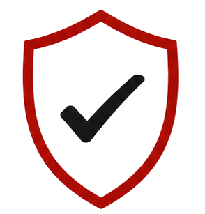 A shield with a red border and a black checkmark in the center, symbolizing security or protection.