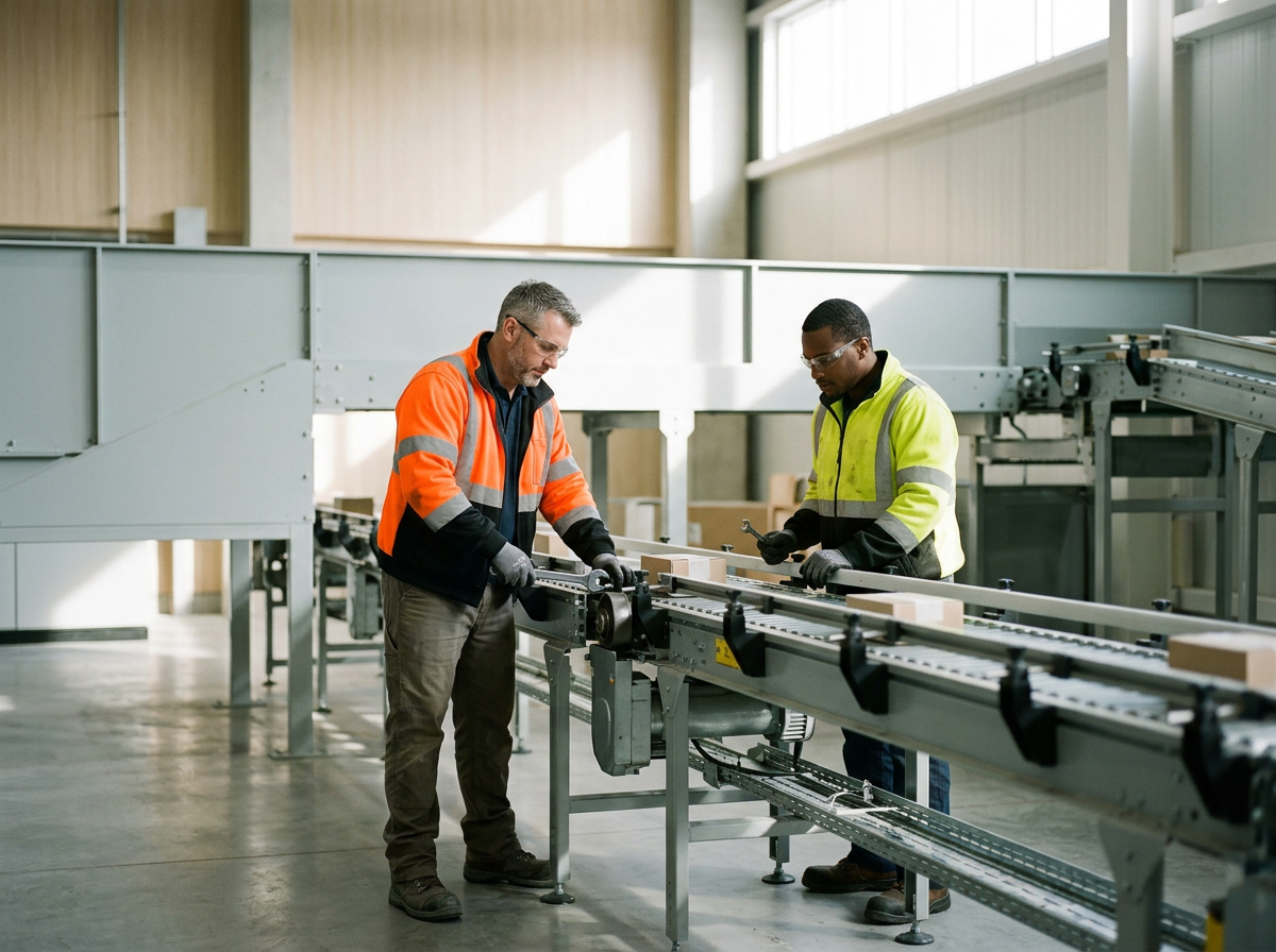 Two workers in safety vests and gloves working on a production line in a factory, with conveyor belts and machinery around them.