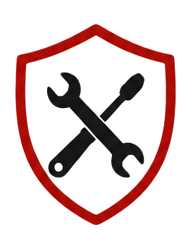 A shield emblem with a red border, featuring a wrench and a screwdriver crossed over each other on a background divided into gray, blue, and white sections.