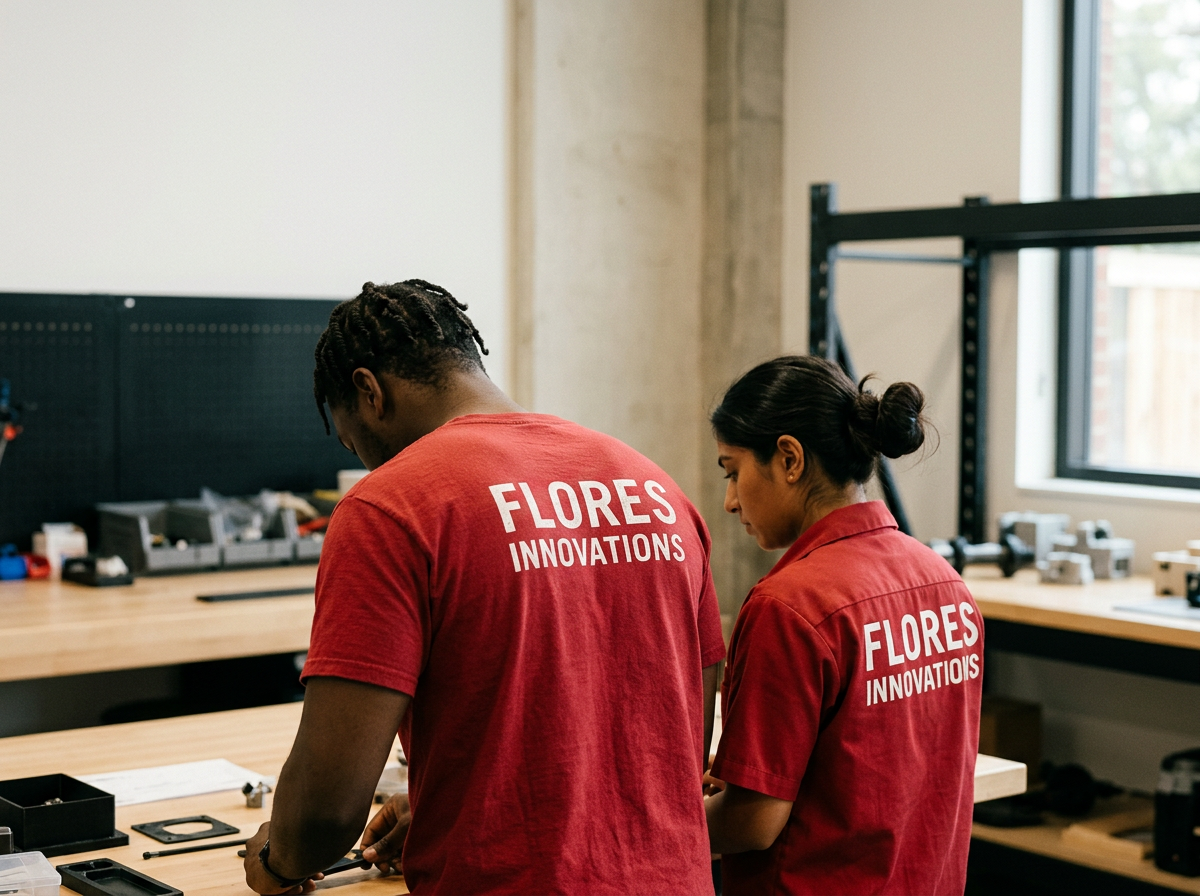 Two individuals in red shirts with 'FLORES INNOVATIONS' printed on the back working together at a wooden table in a workshop, surrounded by tools and equipment.