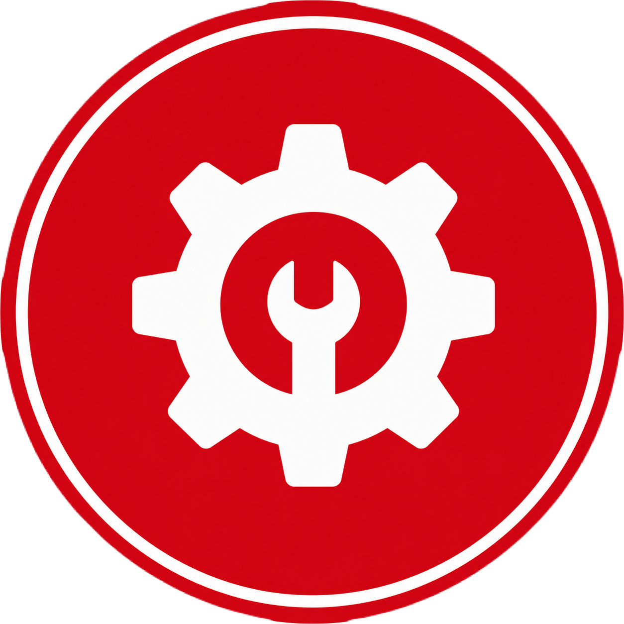 Red circular icon with a white gear and wrench symbol in the center, indicating maintenance or settings.