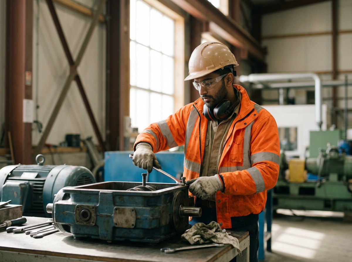 A man wearing safety goggles, a hard hat, and orange safety jacket working on a mechanical part in a workshop or factory.