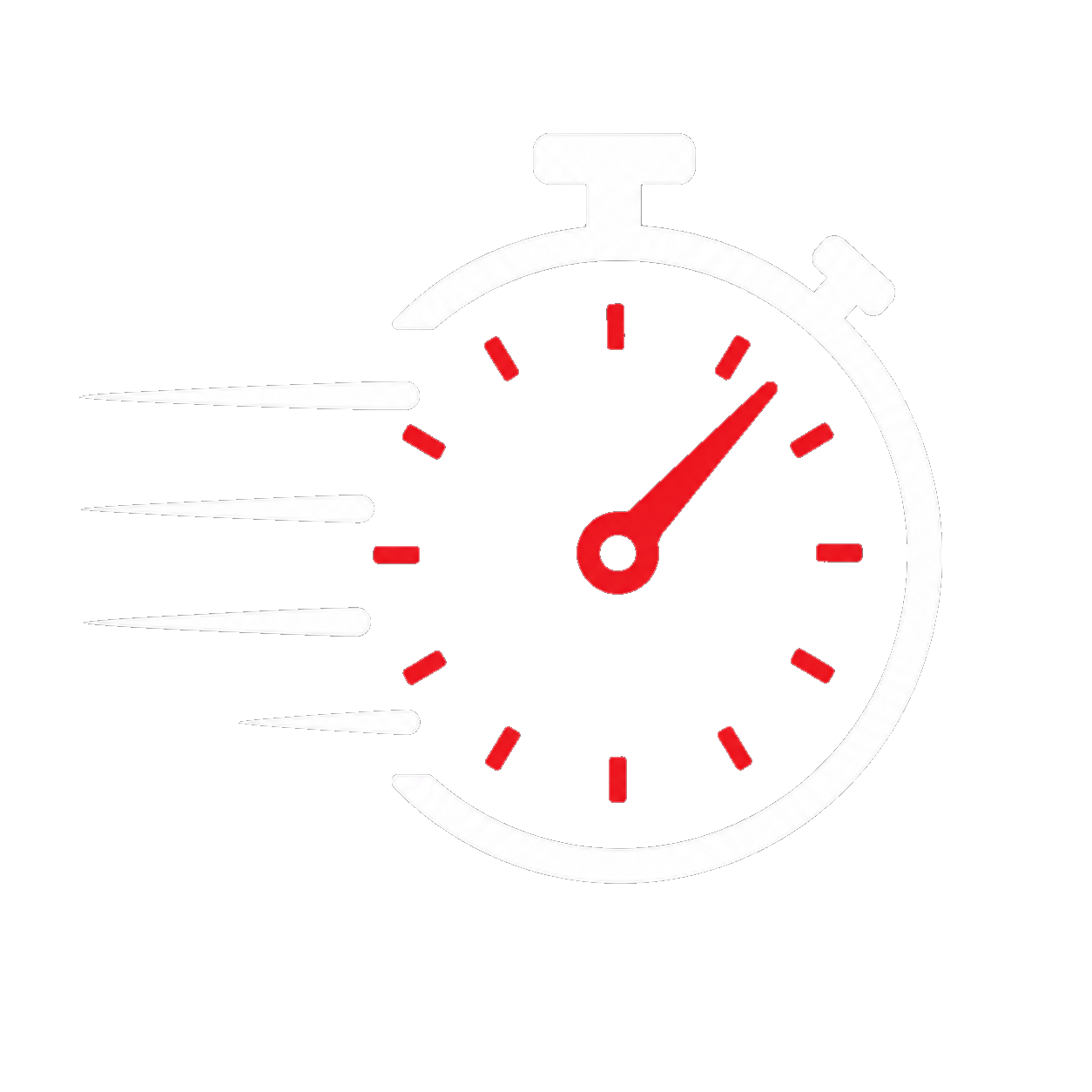 A digital illustration of a stopwatch with a red face and white outline, appearing to accelerate to the left, symbolizing speed.