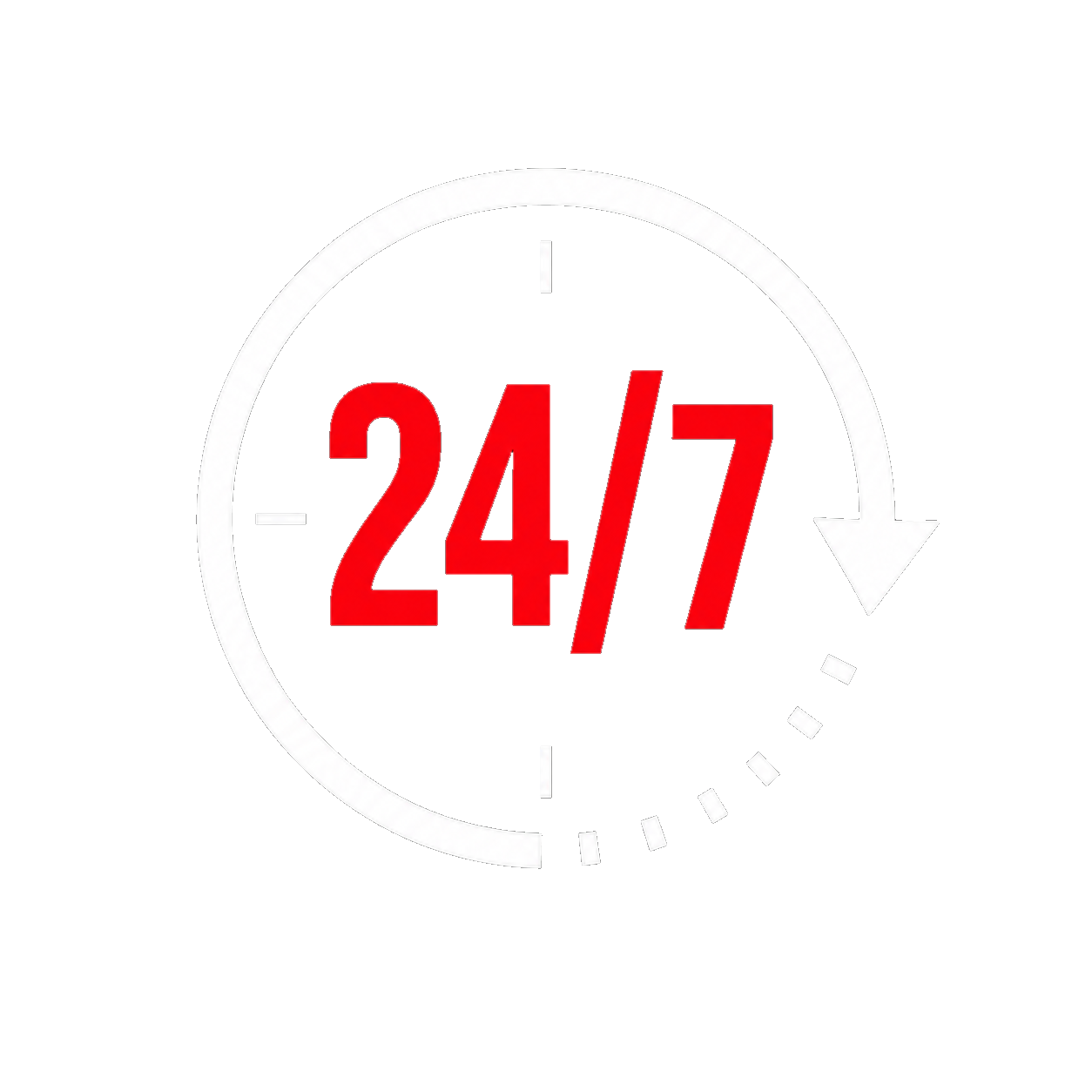 A clock with a rotating arrow and large red text reading "24/7" indicating around-the-clock service.