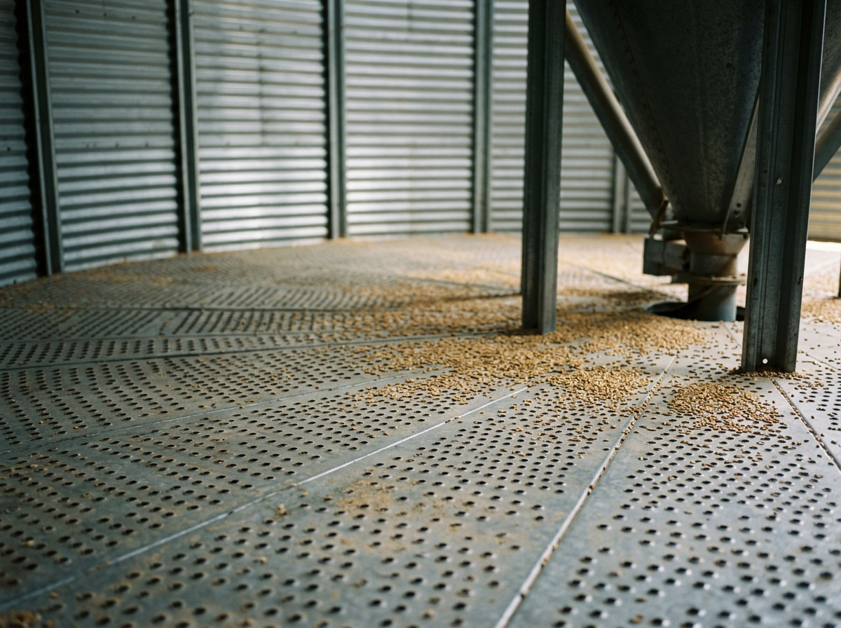 Metal floor with small holes and scattered grain or seed-like material inside an industrial building with corrugated metal walls and support beams.