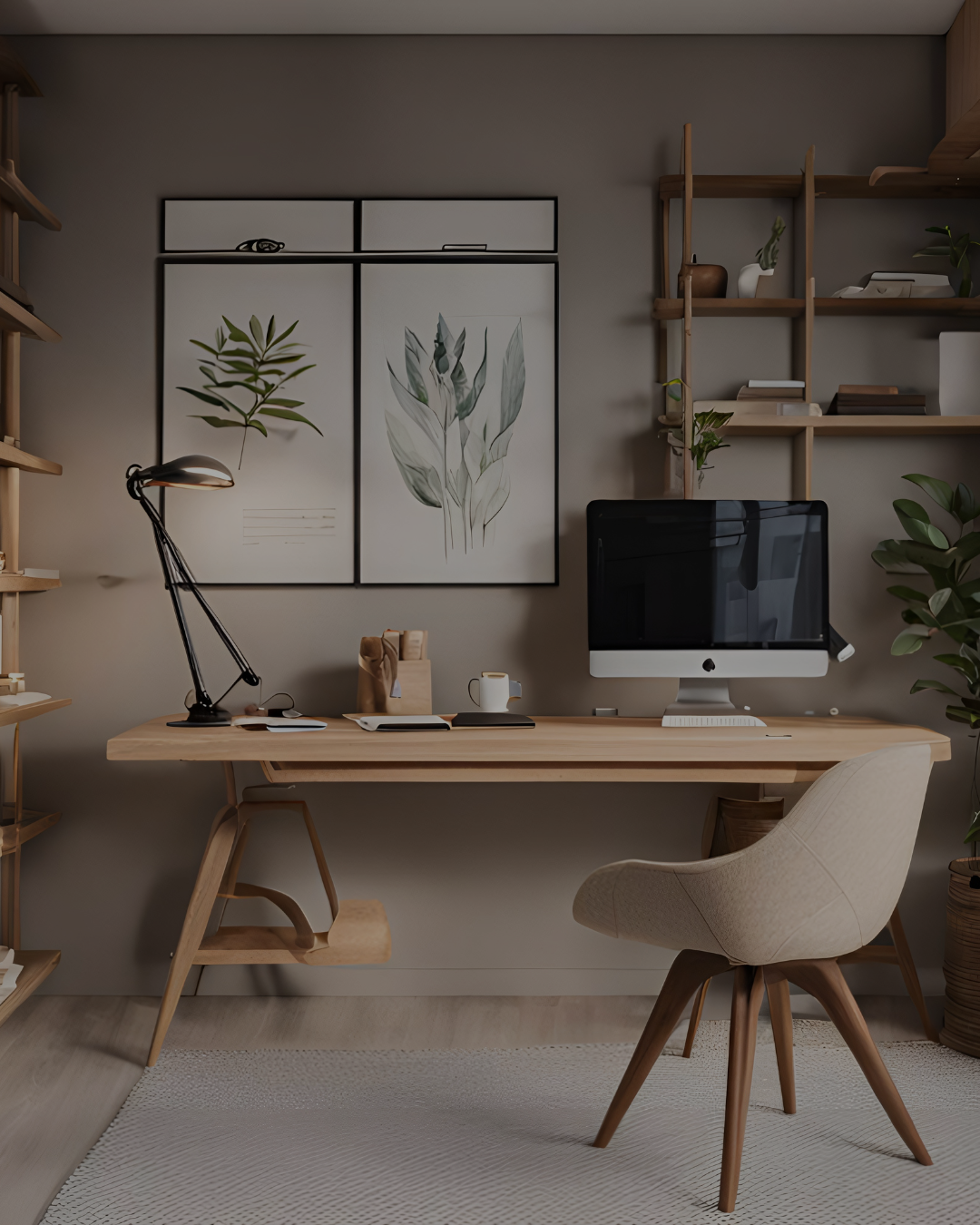 Home office with wooden desk, computer, black desk lamp, beige chair, wall art with botanical prints, wall shelves with decorative items, and indoor plants.