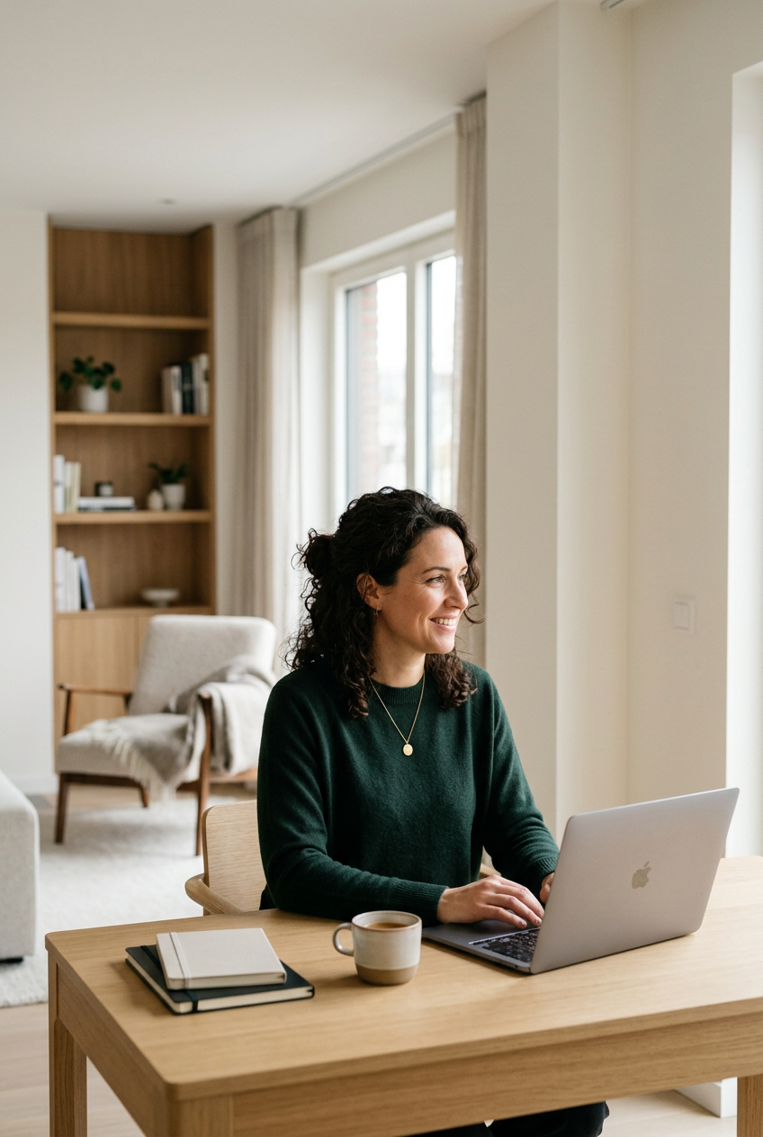 Woman working on a laptop at a wooden table in a bright living room.
