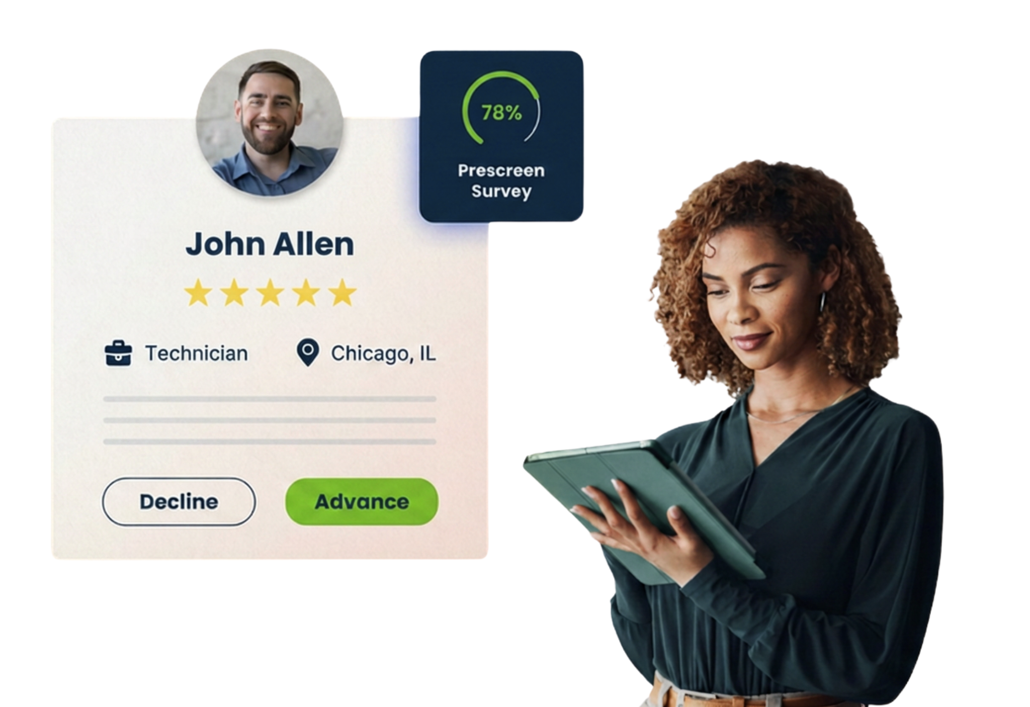 A woman holding a tablet and looking at it, with a digital profile card for John Allen displaying his photo, name, ratings, profession as a technician, location in Chicago, IL, and options to decline or advance