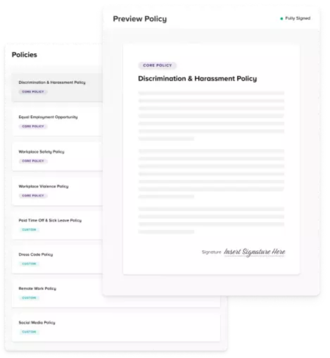 Documents showing policies, including Discrimination & Harassment Policy and other workplace policies, with some marked as fully signed or in custom stages.