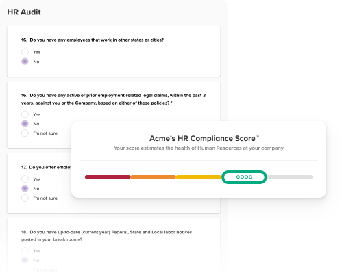 Screenshot of an HR audit form with multiple questions and a green 'GOOD' score on an HR compliance score indicator.