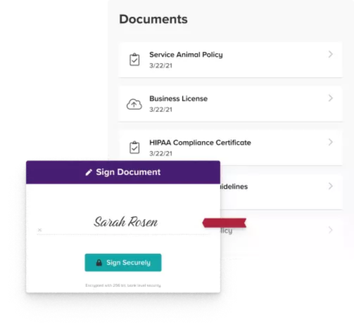 Digital document screen showing saved files and a pop-up for signing a document with the name Sarah Rosen and a Sign Secure button.