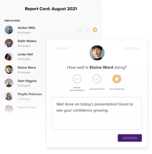 Screenshot of a performance report card for August 2021 with employee names, including Elaine Ward, where the feedback on her presentation is positive, noting her confidence growth.