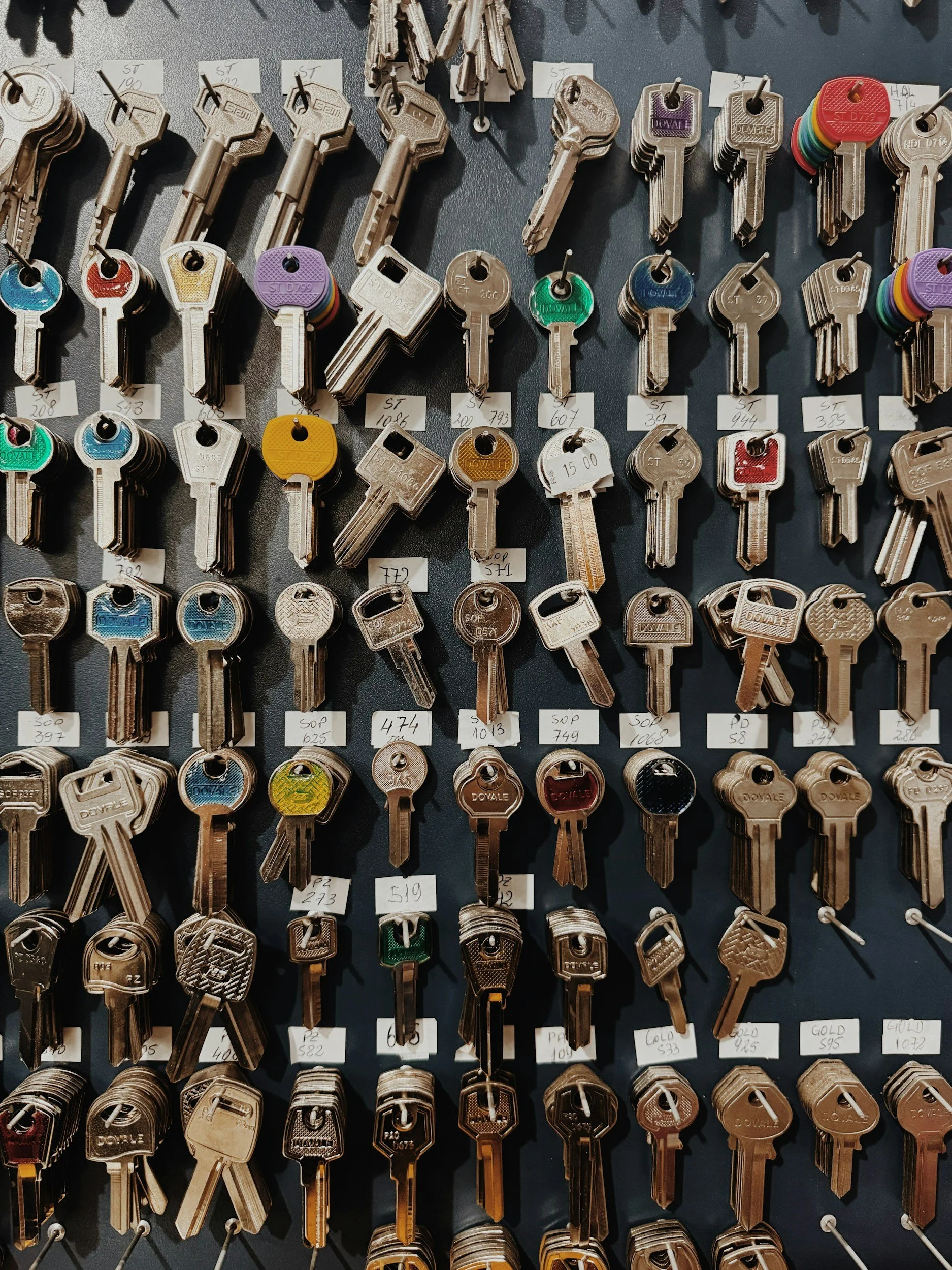 A display of various keys hung in rows on a dark wall, each with a small white label underneath.