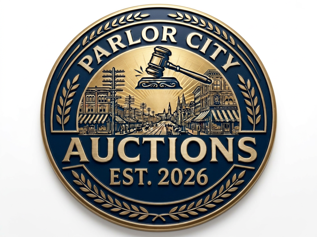 A circular emblem for Parlor City Auctions, established in 2026, featuring a cityscape, auction gavel, and decorative elements.